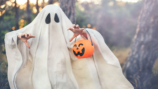 Chica vestida con disfraz de fantasma sosteniendo un cubo de calabaza con caramelos, de pie en un bosque. photo