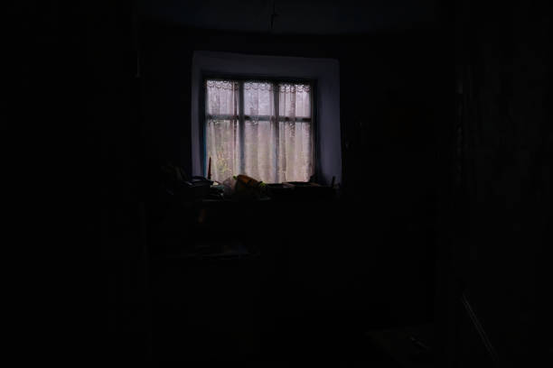 Dark Window in the Mysterious mood empty room stock photo