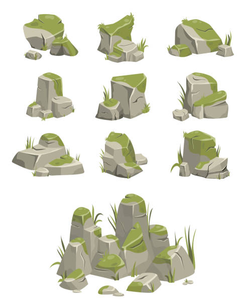 3d rock stone formations. Small boulder mountain with grass and moss, big icon with rocky texture, heavy piles. Cobblestones of various shapes, hard rock rubbles. Vector cartoon background 3d rock stone formations. Small boulder mountain with grass and moss, big icon with rocky texture, heavy rough piles. Cobblestones of various shapes, hard rock rubbles. Vector cartoon background moss stock illustrations