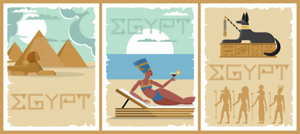 plakat egipskiego faraona. kleopatra pokrywa z fakturą wzoru. starożytna piramida lub sfinks. mural hieroglif. elementy sztuki afryki. wakacje nefertiti. rzeźba szakala. zestaw ilustracji wektorowych - hieroglyphics egypt egyptian culture nefertiti stock illustrations