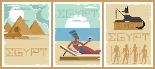 Vector illustration of Egypt pharaoh poster. Cleopatra cover with pattern texture. Ancient pyramid or Sphinx. Hieroglyph mural. Africa art elements. Nefertiti vacation. Jackal sculpture. Vector illustrations set