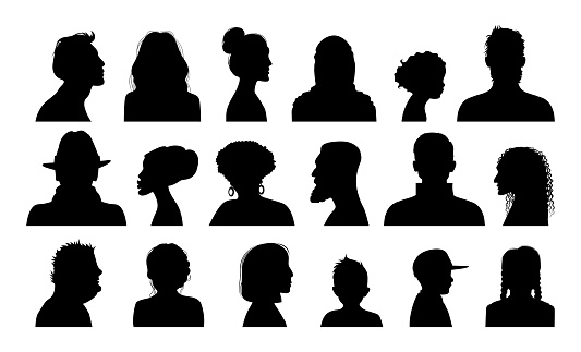 Face silhouettes. Human heads in profile sides. Man and woman portraits. Boys and girls hairstyles. Business avatar. Isolated models set. Person body. Different haircuts. Vector flat illustration