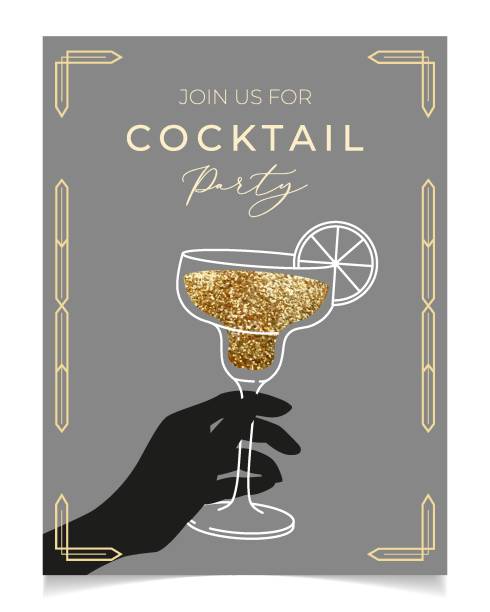Outline illustration of woman's hand holding cocktail glass, vector. Invitation for party template. Outline illustration of woman's hand holding cocktail glass, vector. Invitation for party template. Line art margarita cocktail. Art deco concept design. Event, party, presentation, promotion, menu gatsby stock illustrations