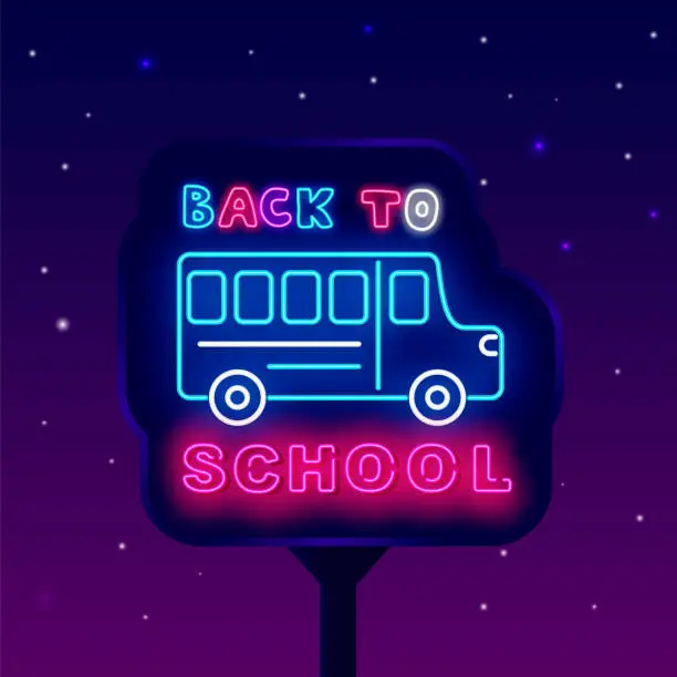 Vector illustration of Back to school neon street billboard. Blue school bus. Trip to for education. Shiny advertising. Vector illustration