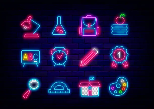 Vector illustration of School neon icons collection. Office store signs set. BBackpack, medal and paints. Vector stock illustration