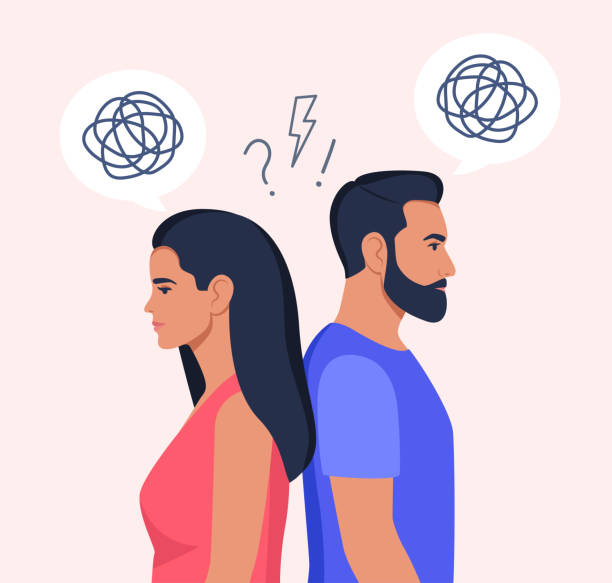 istock Man and woman stand with their backs to each other, tangled thoughts in their head. Concept of divorce, misunderstanding, disagreement, relationship troubles. Man and woman in a quarrel. Vector. 1415740237