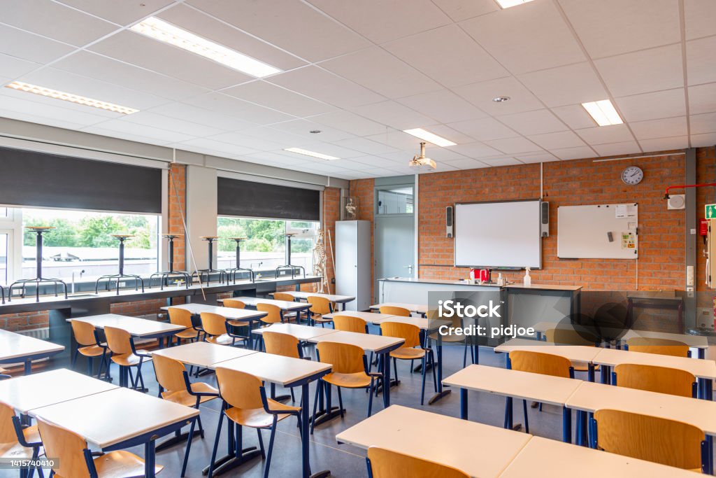 Empty classroom. Empty classroom, gymbal shot School Building Stock Photo