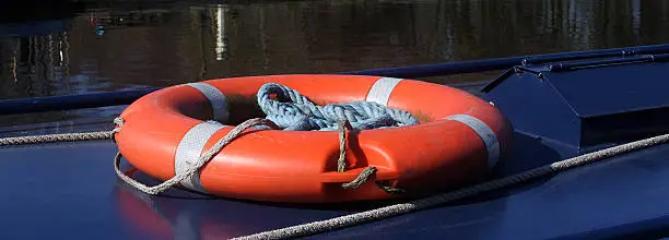 Lifebelt on Narrowboat that is moored at Stanley Ferry