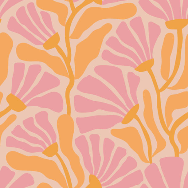 グルーヴィーな花柄のシームレスなパターン。ベージュの背景にレトロなトリッピーなかわいいピンクの花。 - floral pattern seamless pattern wallpaper pattern点のイラスト素材／クリップアート素材／マンガ素材／アイコン素材