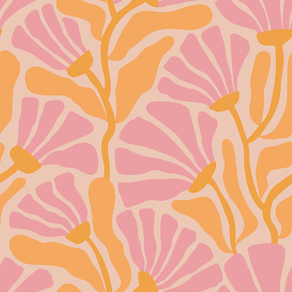 Groovy floral seamless pattern. Retro trippy cute pink flowers on a beige background. Summer abstract floral textile vintage print. Pastel trendy garden ornament in 70s moody style.