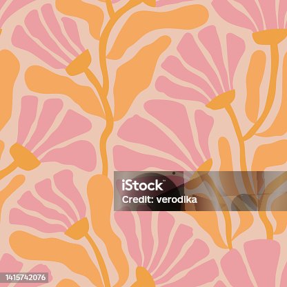 istock Groovy floral seamless pattern. Retro trippy cute pink flowers on a beige background. 1415742076