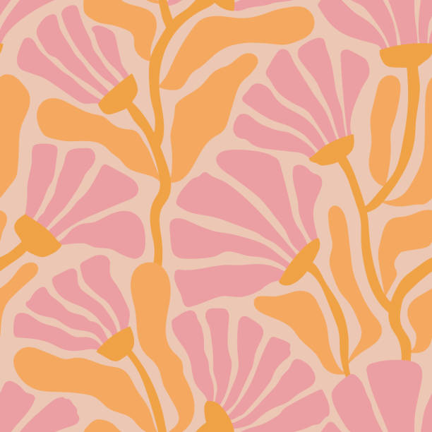 Groovy floral seamless pattern. Retro trippy cute pink flowers on a beige background. Groovy floral seamless pattern. Retro trippy cute pink flowers on a beige background. Summer abstract floral textile vintage print. Pastel trendy garden ornament in 70s moody style. seamless pattern stock illustrations