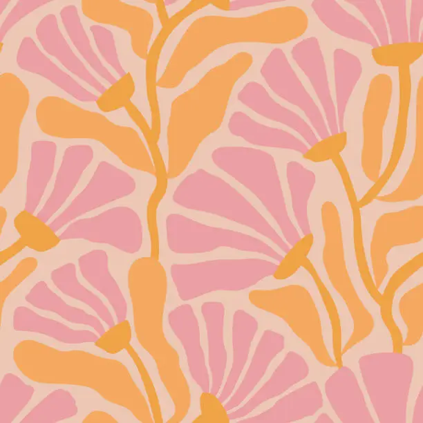 Vector illustration of Groovy floral seamless pattern. Retro trippy cute pink flowers on a beige background.