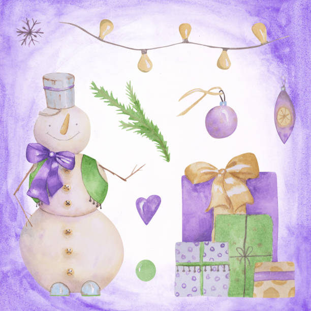 ilustrações, clipart, desenhos animados e ícones de decoração de natal definida em um fundo de aquarela branco e roxo. 9 clipart: caixas de presente, um boneco de neve, um floco de neve, um coração de cor roxa, uma guirlanda de luzes, e um galho de uma árvore de natal. - celebration holidays and celebrations bow christmas