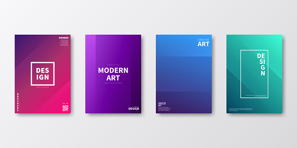 Set of four vertical brochure templates with modern and trendy backgrounds, isolated on blank background. Abstract colorful illustrations with two symmetrical folds and beautiful color gradients (colors used: Red, Purple, Pink, Green, Blue, Black, Turquoise). Can be used for different designs, such as brochure, cover design, magazine, business annual report, flyer, leaflet, presentations... Template for your own design, with space for your text. The layers are named to facilitate your customization. Vector Illustration (EPS10, well layered and grouped), wide format (2:1). Easy to edit, manipulate, resize and colorize.