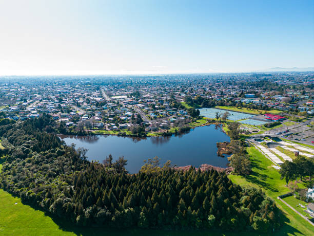 istock Lake Rotokaeo from the air, Drone shot 1415744906