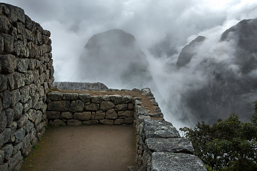 Machu Picchu ancient city view from Huchu'y Picchu in cloudy weather