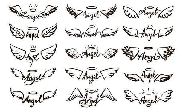 Angel lettering and wings sketch. Spirit saint angels wing with halo. Art flying feathers elements of bird. Black hand drawn neoteric vector design for cards, invitation or prints Angel lettering and wings sketch. Spirit saint angels wing with halo. Art flying feathers of bird. Black hand drawn vector design for cards, invitation or prints. Illustration of angel feather tattoo angel wings drawing stock illustrations