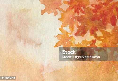 istock Watercolor illustration of hand painted abstract background with orange, yellow, brown maple leaves. Nature in the forest. Autumn floral landscape. Frame. Art for invitation, interior banner, poster 1415749141