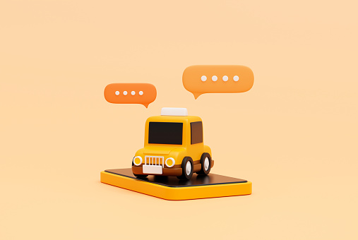 Taxi car on smartphone with bubble chat message for online transportation service concept web banner cartoon icon or symbol background 3D illustration
