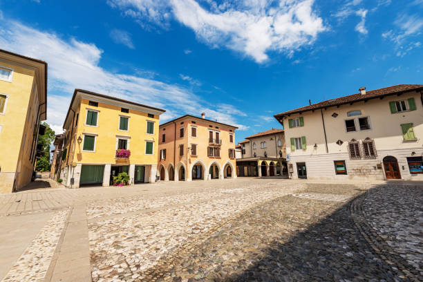 Main town square in Spilimbergo of medieval origins called Piazza Giuseppe Garibaldi (Giuseppe Garibaldi square), Pordenone province, Friuli-Venezia Giulia, Italy, southern Europe.