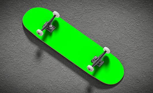 Skateboard deck template, empty space for your graphic. Green screen - isolated on asphalt ground. 3d illustration