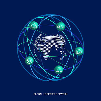 Global logistics network. Map global logistics partnership connection. Planet Earth and logistics icons in the form of satellites or your web site design, logo, app, UI. EPS10.
