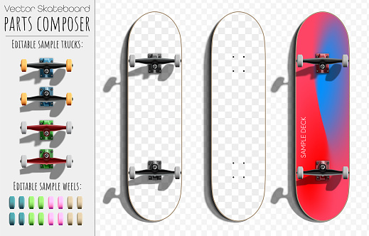 Vector skateboard deck and trucks with wheels set - editable parts composer - template. Easy customization of every aspect of the skateboard