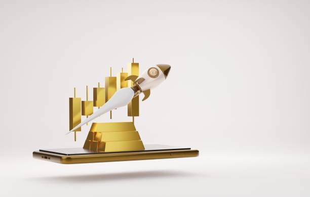Candlesticks and gold bar and rocket on smartphone screen.