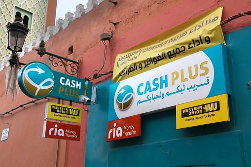 Cash Plus international money transfer service point in Marrakech city, Morocco. 5 million Moroccans live abroad and send money home.