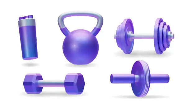 Vector illustration of Realistic sports and fitness equipment. Kettlebell, dumbbell, ab roller and shaker. EPS 10 contains transparency.