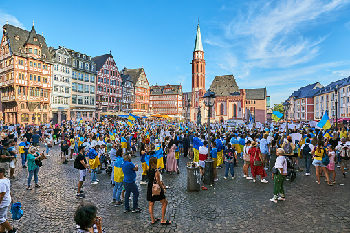 Frankfurt am Main, Germany - July 30, 2022: Crowds demonstrate on the Römerberg in Frankfurt for Ukrainian rights.