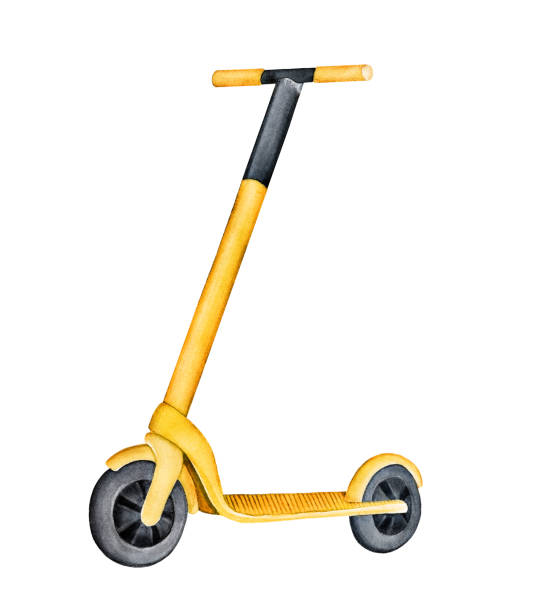 Watercolour illustration of bright yellow Electric Kick Scooter. Modern mode of city transport. Hand painted water color sketchy drawing on white background, cut out clip art element for design. push scooter illustrations stock illustrations