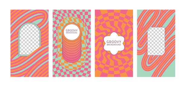Groovy retro styled abstract templates and picture frames for social media posts, stories, banners. Editable vectors on layers.