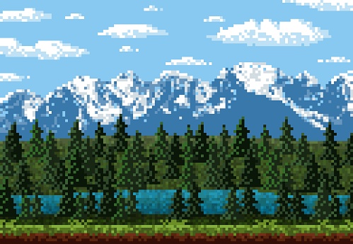 8 bit pixel mountain and forest game level landscape. Vector background of retro video and arcade game nature location with pixel art mountain hills, snow peaks, sky and clouds, trees, grass and lake