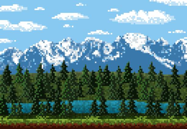 8 bit pixel mountain, forest game level landscape 8 bit pixel mountain and forest game level landscape. Vector background of retro video and arcade game nature location with pixel art mountain hills, snow peaks, sky and clouds, trees, grass and lake pixel sky background stock illustrations