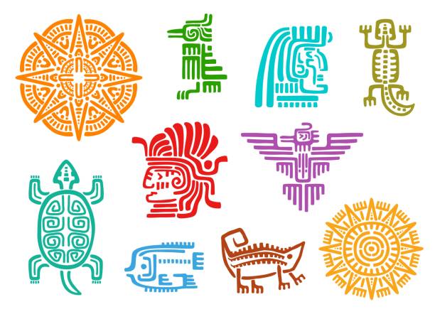 illustrations, cliparts, dessins animés et icônes de totems aztèques mayas, animal, oiseau, soleil et dieu - maya