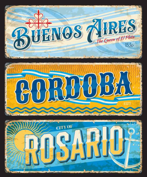 Buenos Aires, Cordoba, Rosario Argentine plates Buenos Aires, Cordoba, Rosario argentine city travel stickers and plates. Argentina city vintage stickers or shabby postcards. South America voyage destination vector tin sign or banner, travel plate argentina stock illustrations