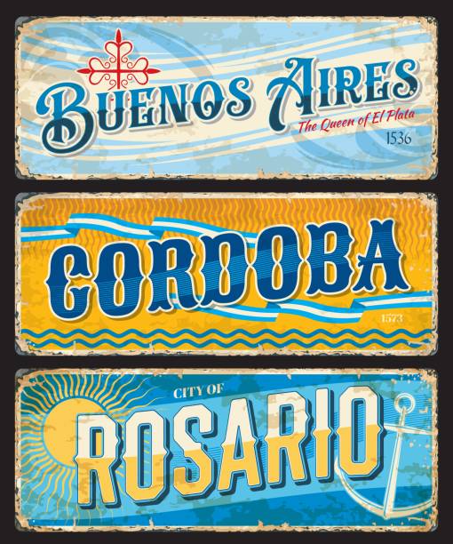 Buenos Aires, Cordoba, Rosario Argentine plates Buenos Aires, Cordoba, Rosario argentine city travel stickers and plates. Argentina city vintage stickers or shabby postcards. South America voyage destination vector tin sign or banner, travel plate cordoba argentina stock illustrations