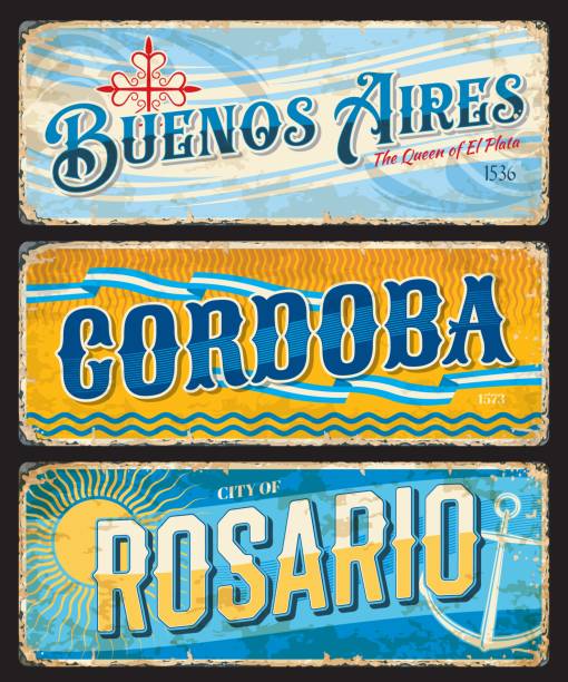 Buenos Aires, Cordoba, Rosario Argentine plates Buenos Aires, Cordoba, Rosario argentine city travel stickers and plates. Argentina city vintage stickers or shabby postcards. South America voyage destination vector tin sign or banner, travel plate Argentina stock illustrations