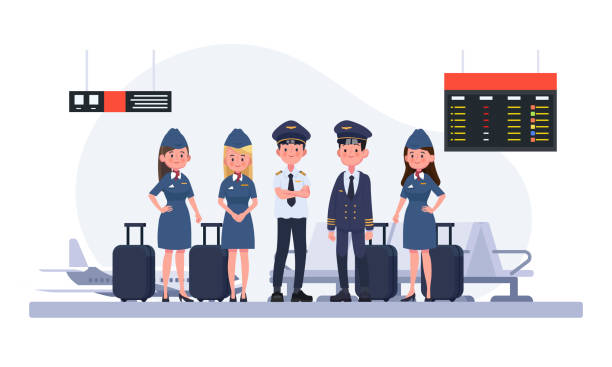 Group of pilots and flight attendants, air hostess. Flat design people characters. Group of pilots and flight attendants, air hostess. Flat design people characters. crewmembers stock illustrations