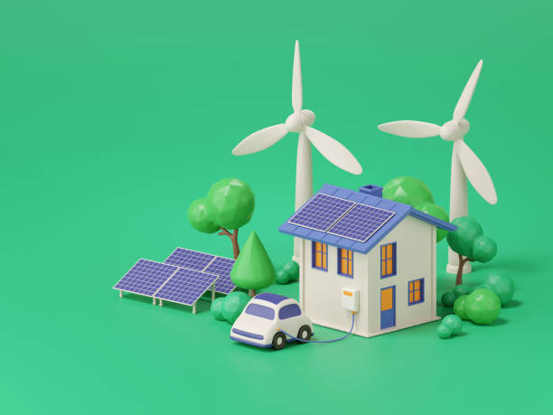 renderização 3d de turbina eólica e painéis solares com carro próprio e ecológico, conceito de ambiente ecológico. - alternative energy wind turbine environment energy - fotografias e filmes do acervo