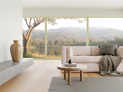3d rendering of modern living room with white sofa on wooden floor. nature background.