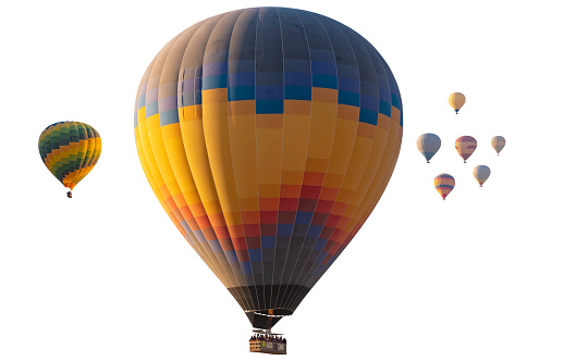 Colorful hot air balloons isolated on white background.