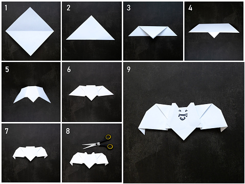 Step-by-step photo instruction origami bat . Halloween party. Children's art project. DIY concept.