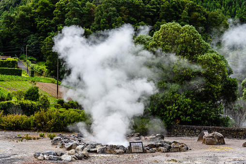 Volcanic hotsprings Of The Lake Furnas. Sao Miguel, Azores. Lagoa das Furnas Hotsprings. Steam venting at Lagoa das Furnas hotsprings on Sao Miguel island, Azores, Portugal.