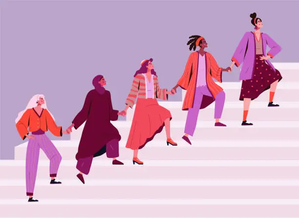 Vector illustration of Women entrepreneurs, leadership and sisterhood. Black and Arab female women empowerment, strong business. Multiethnic group of girls climb stairs. Feminism concept, vector illustration