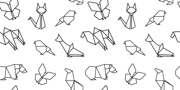 Vector illustration of Origami animal pattern. Doodle print with black line Japan paper toy. Hand drawn art texture. Airplane and bird. Butterfly or fox figures. Japanese hobby. Vector seamless background