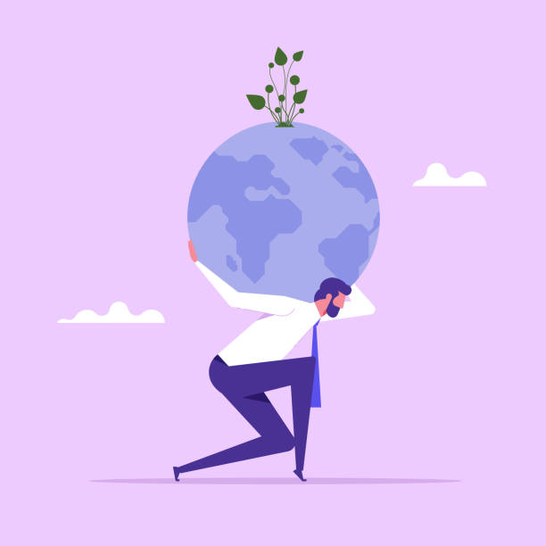 Commitment to take care our planet earth concept Climate change and global warming responsibility, commitment to take care our planet earth concept, businessman in atlas pose carrying green globe with on his shoulder man holding earth stock illustrations