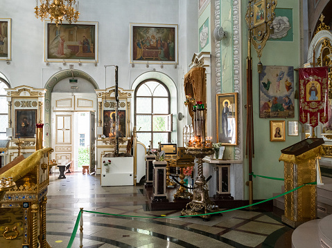 Yaroslavl, Russia - August 10, 2022: indoor hall of Kazan Cathedral of Kazan Convent in Yaroslavl city